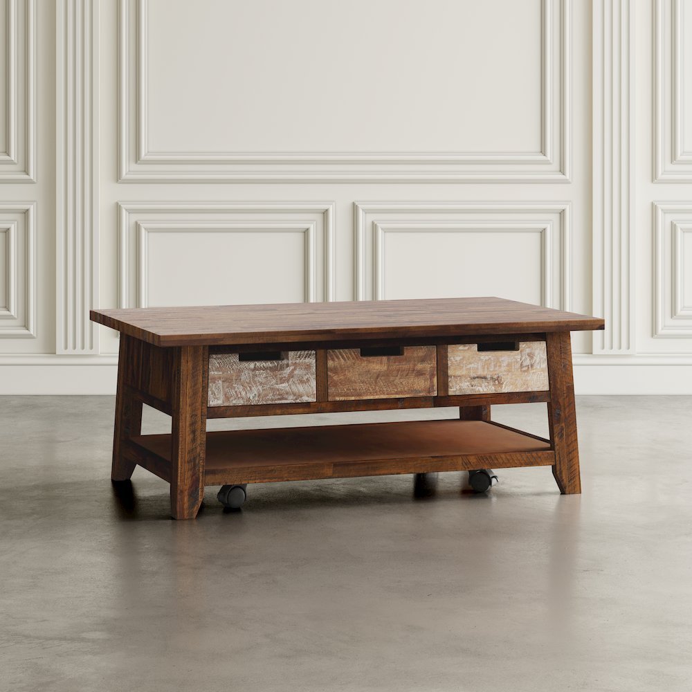 Rustic Solid Acacia 50" Coffee Table with Pull Through Drawers and Caster Wheels. Picture 9
