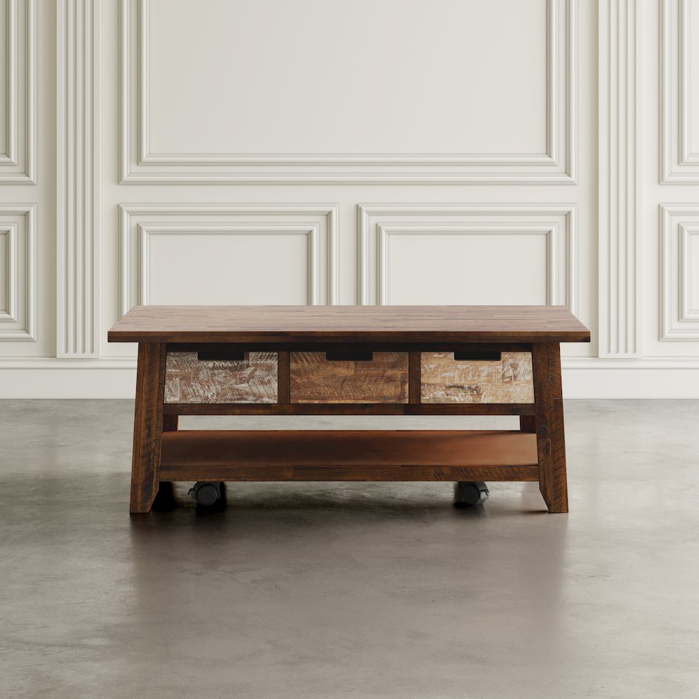 Rustic Solid Acacia 50" Coffee Table with Pull Through Drawers and Caster Wheels. Picture 8