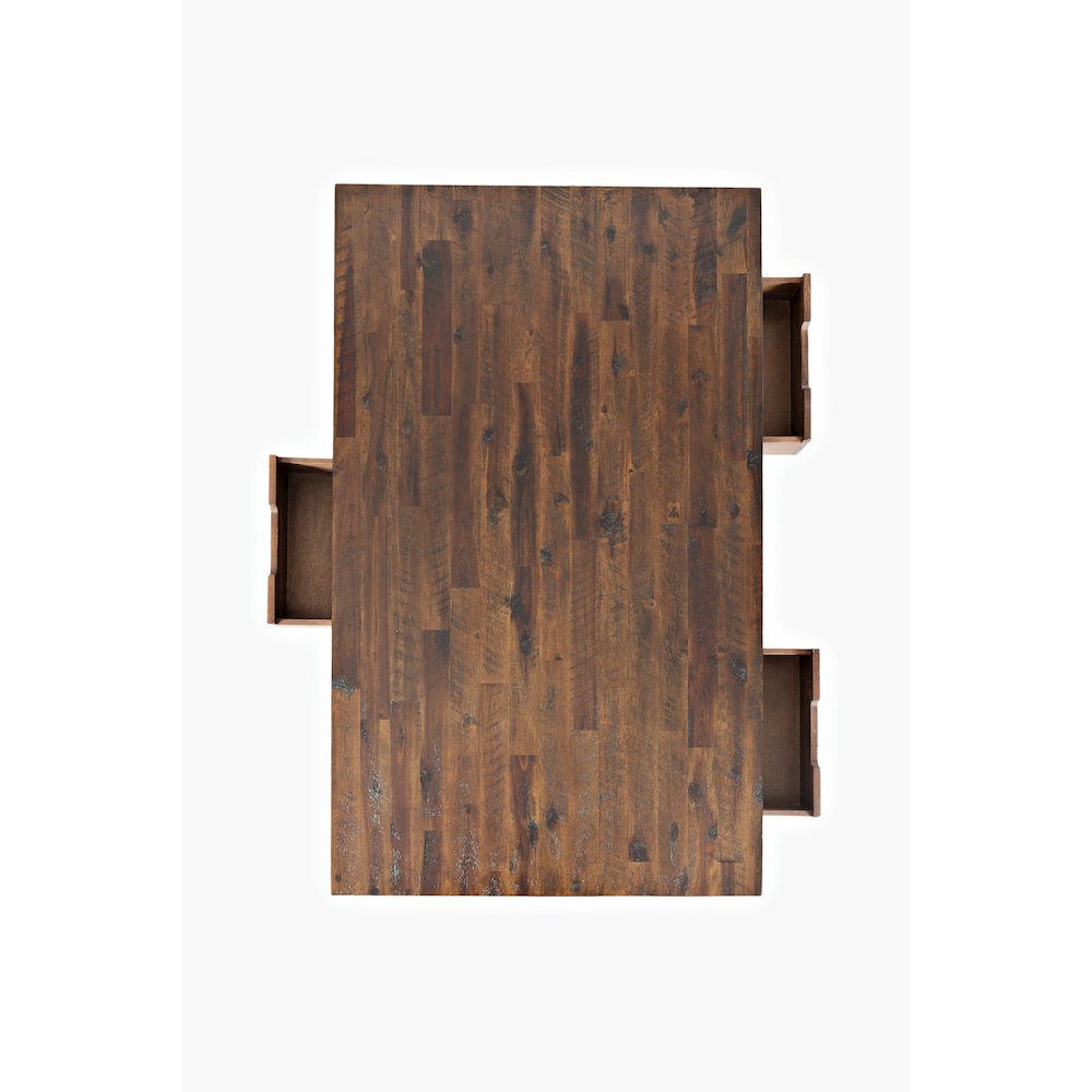 Rustic Solid Acacia 50" Coffee Table with Pull Through Drawers and Caster Wheels. Picture 7