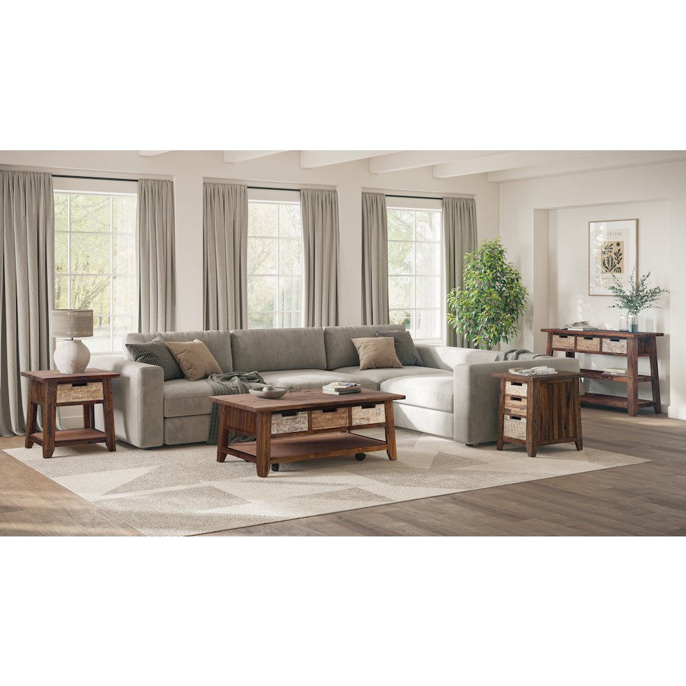 Rustic Solid Acacia 50" Coffee Table with Pull Through Drawers and Caster Wheels. Picture 2