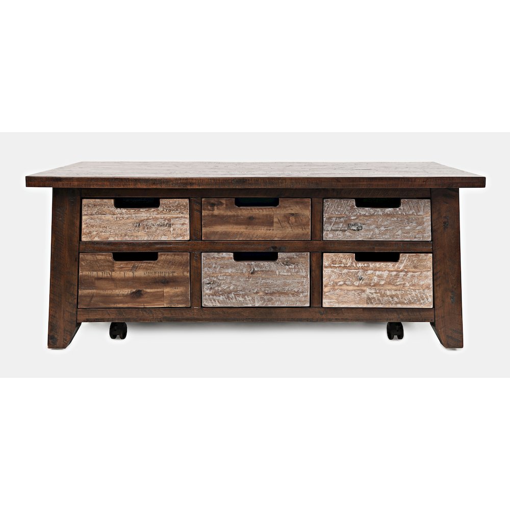 Rustic Solid Acacia Box Coffee Table with Pull-Through Drawers and Caster Wheels. Picture 1