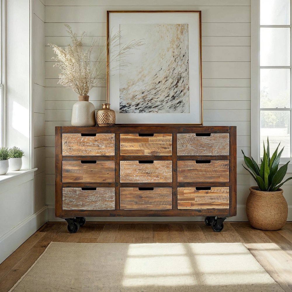 Painted Canyon Rustic Solid Acacia 9 Drawer Accent Chest with Caster Wheels. Picture 7