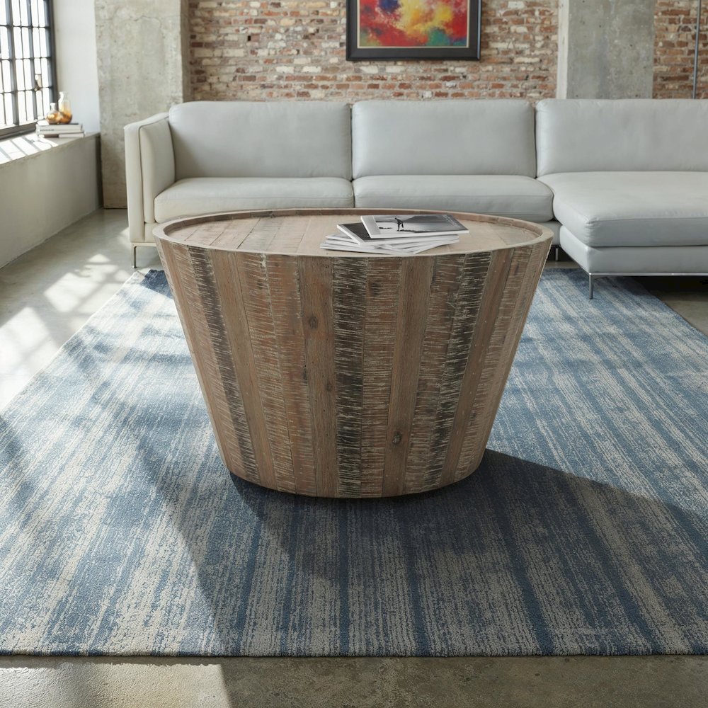 Conundrum Modern Distressed Solid Wood Drum Coffee Table. Picture 5