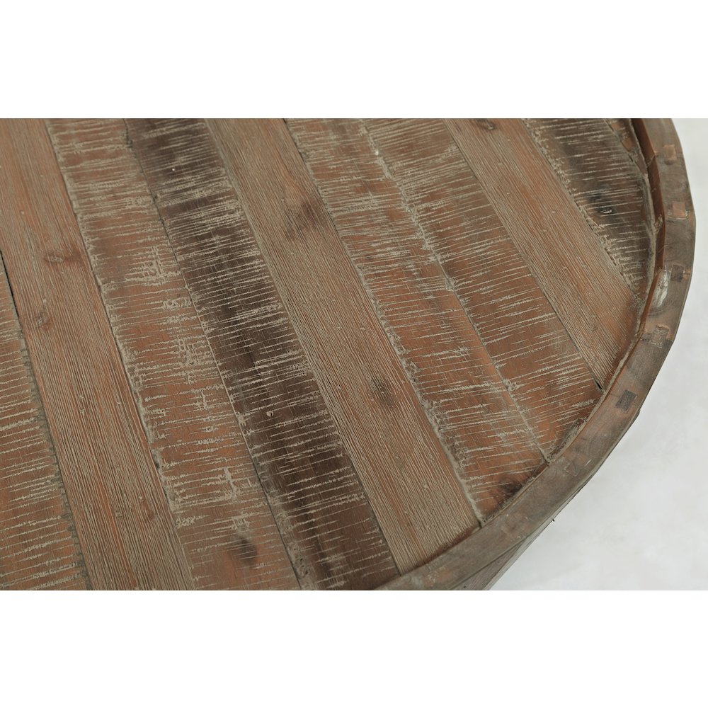 Conundrum Modern Distressed Solid Wood Drum Coffee Table. Picture 3