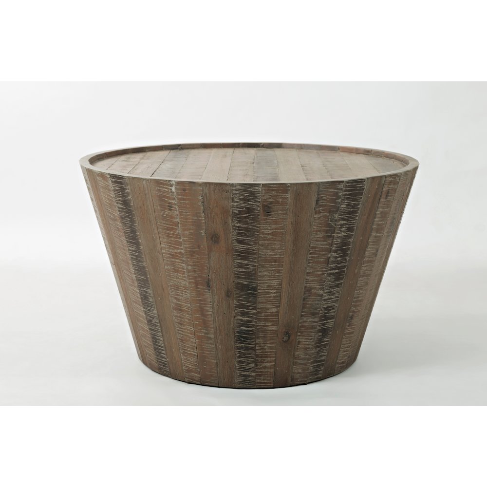 Conundrum Modern Distressed Solid Wood Drum Coffee Table. Picture 1