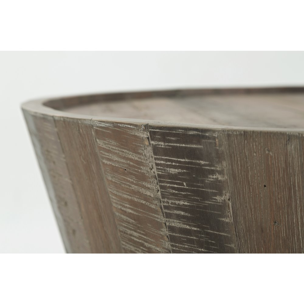 Conundrum Modern Distressed Solid Wood Drum Coffee Table. Picture 4