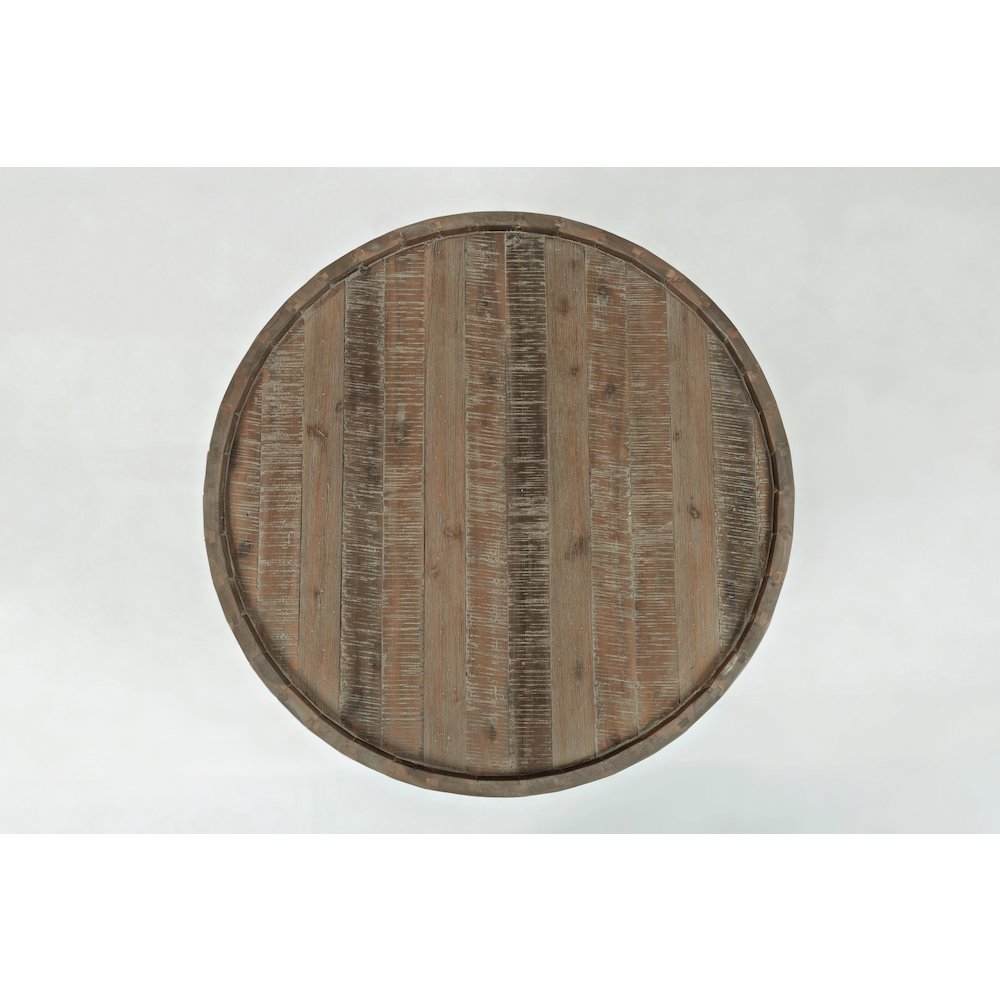 Conundrum Modern Distressed Solid Wood Drum Coffee Table. Picture 5
