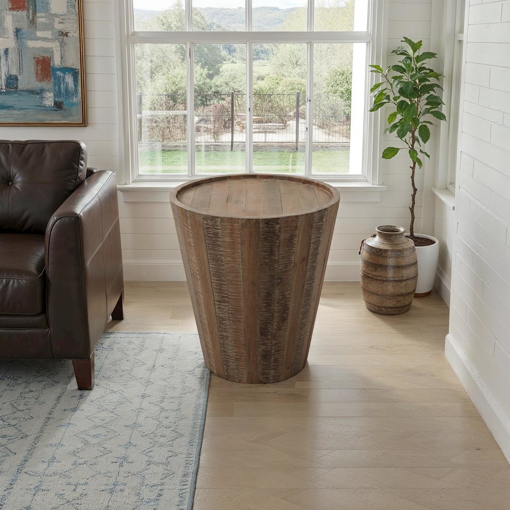 Conundrum Modern Distressed Solid Wood Drum End Table. Picture 6