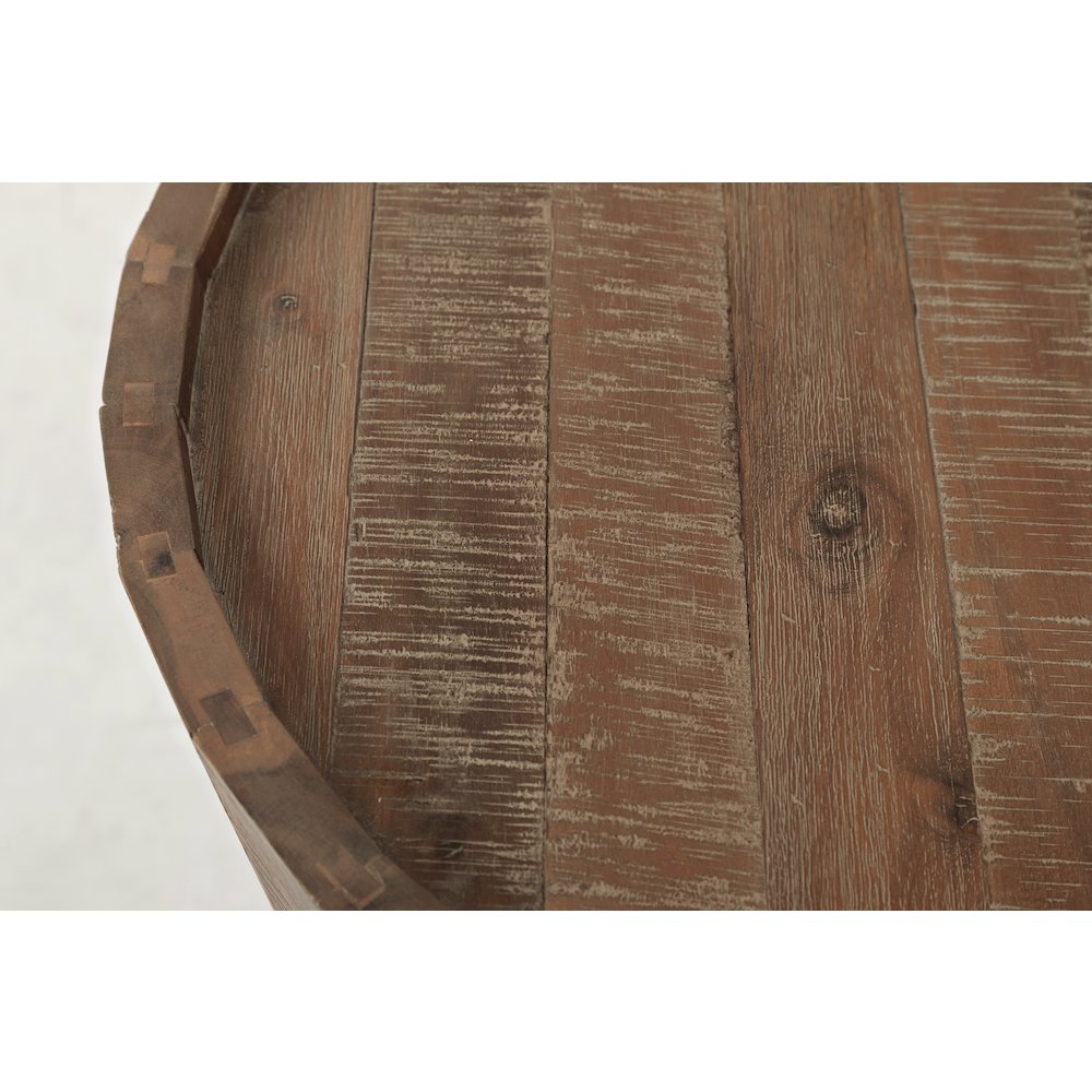 Conundrum Modern Distressed Solid Wood Drum End Table. Picture 3