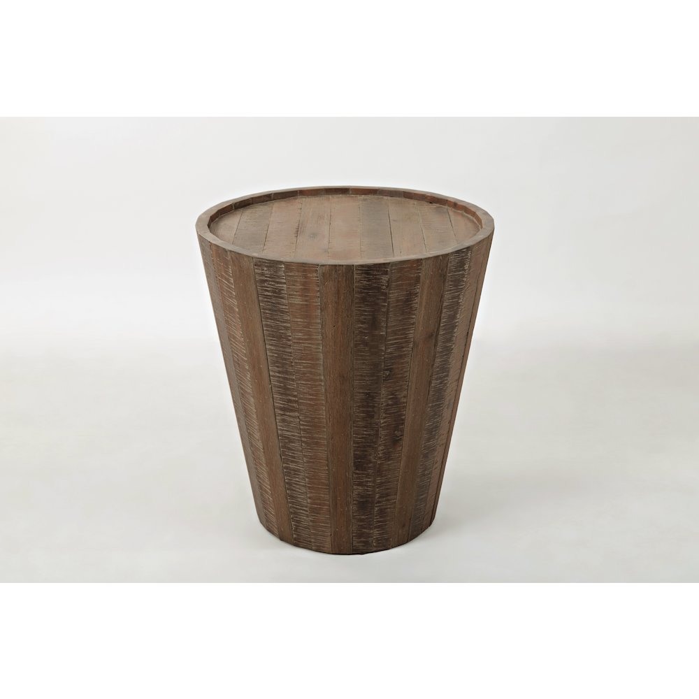 Conundrum Modern Distressed Solid Wood Drum End Table. Picture 1
