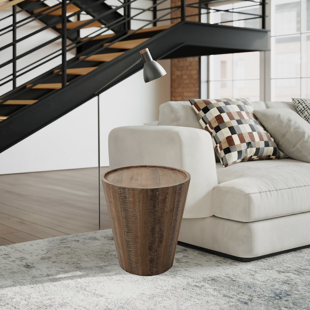 Conundrum Modern Distressed Solid Wood Drum End Table. Picture 2