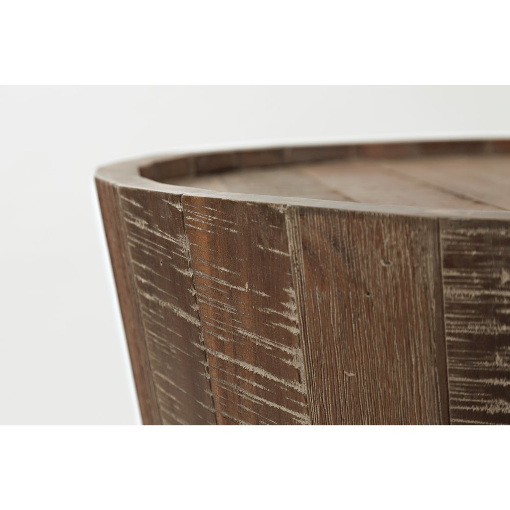 Conundrum Modern Distressed Solid Wood Drum End Table. Picture 4