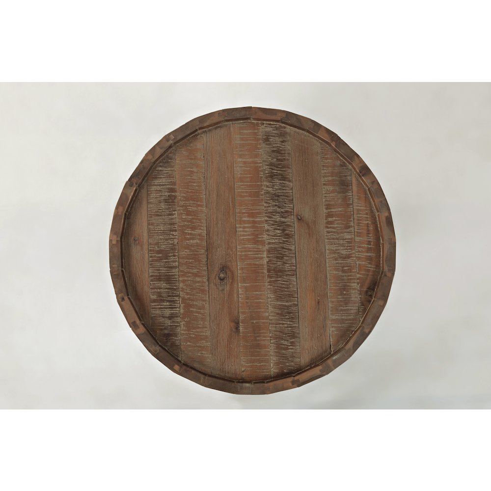 Conundrum Modern Distressed Solid Wood Drum End Table. Picture 5
