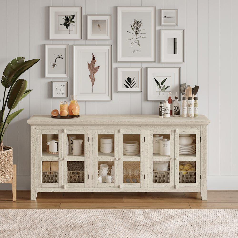 Rustic Shores 70" Coastal Distressed Acacia Six-Door Sideboard Cabinet. Picture 2