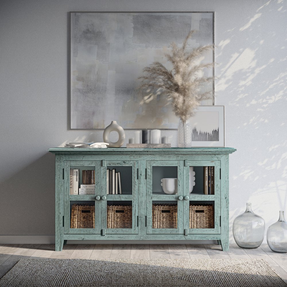 Rustic Shores 54" Coastal Distressed Acacia Four-Door Credenza Cabinet. Picture 11