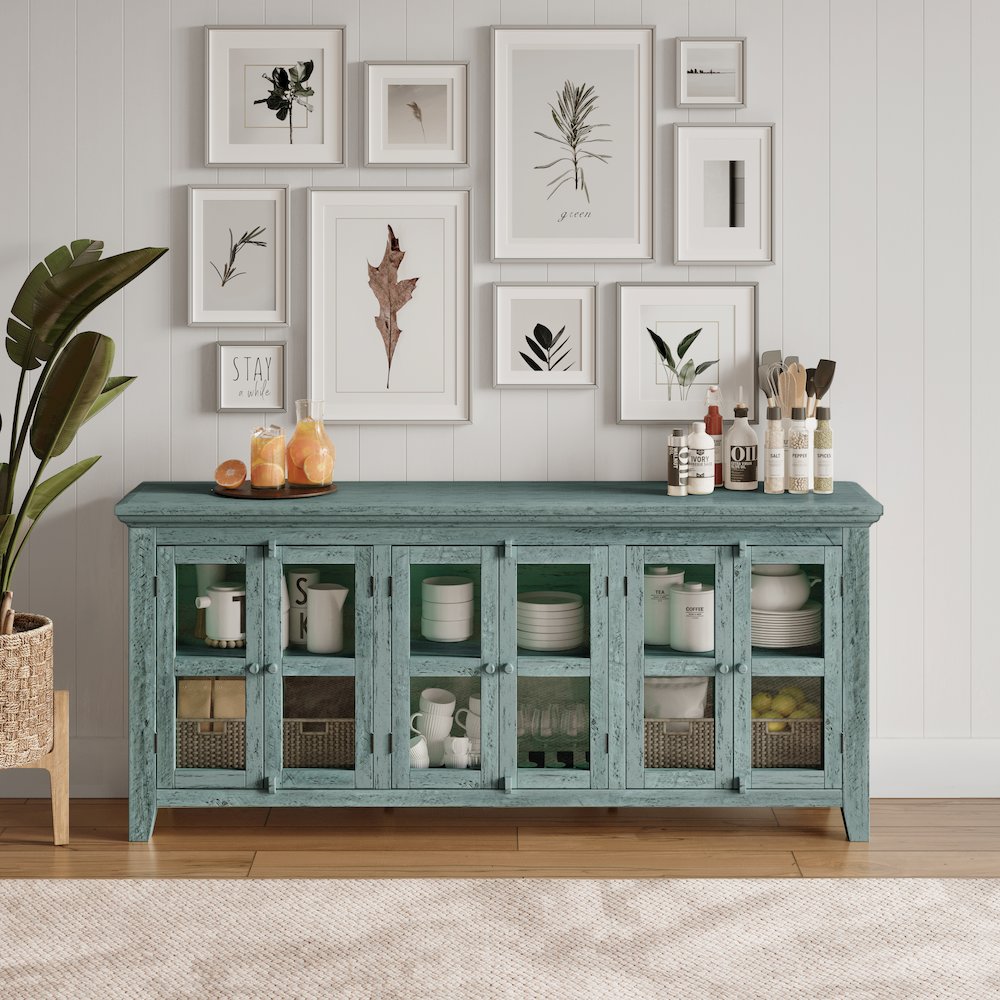 Rustic Shores 70" Coastal Distressed Acacia Six-Door Sideboard Cabinet. Picture 10