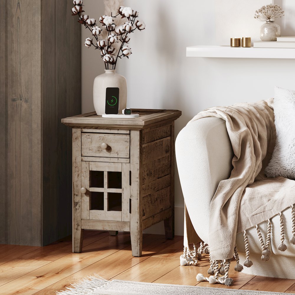 Rustic Shores Distressed Acacia USB Charging Chairside End Table. Picture 2