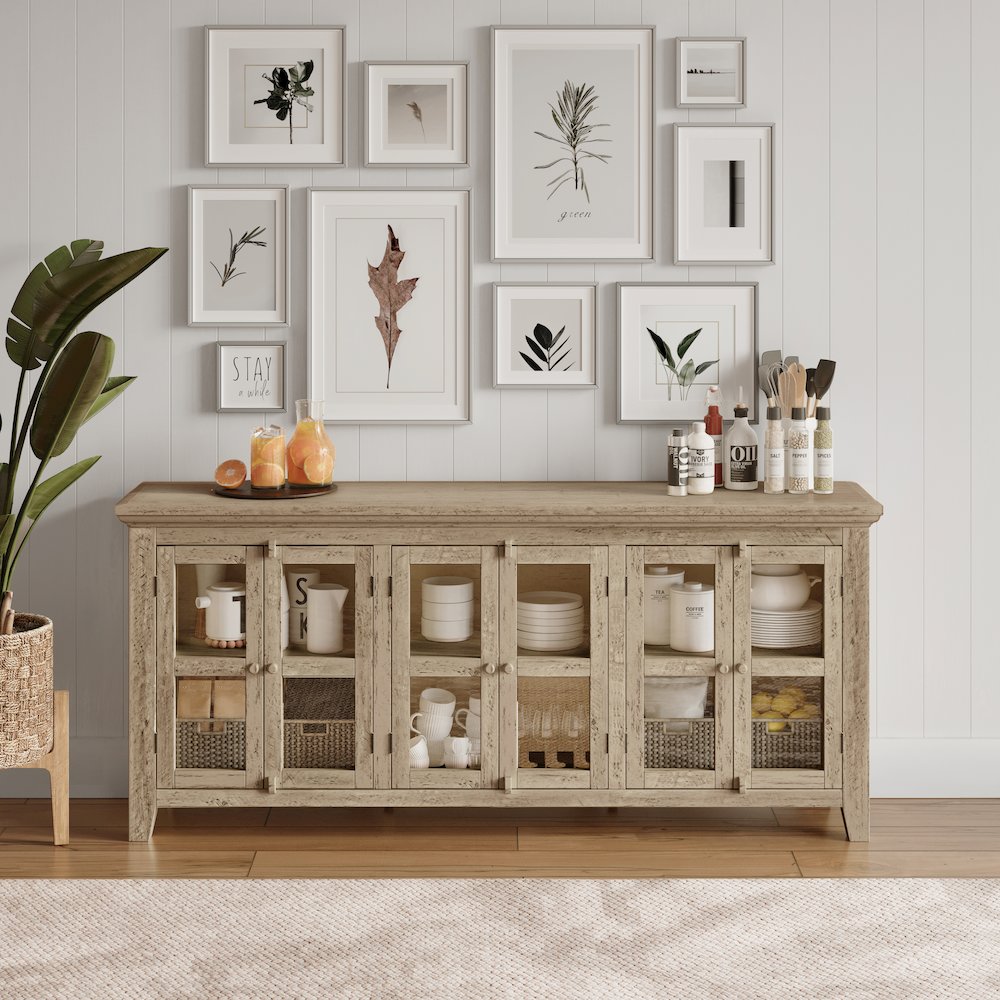 Rustic Shores 70" Coastal Distressed Acacia Six-Door Sideboard Cabinet. Picture 2