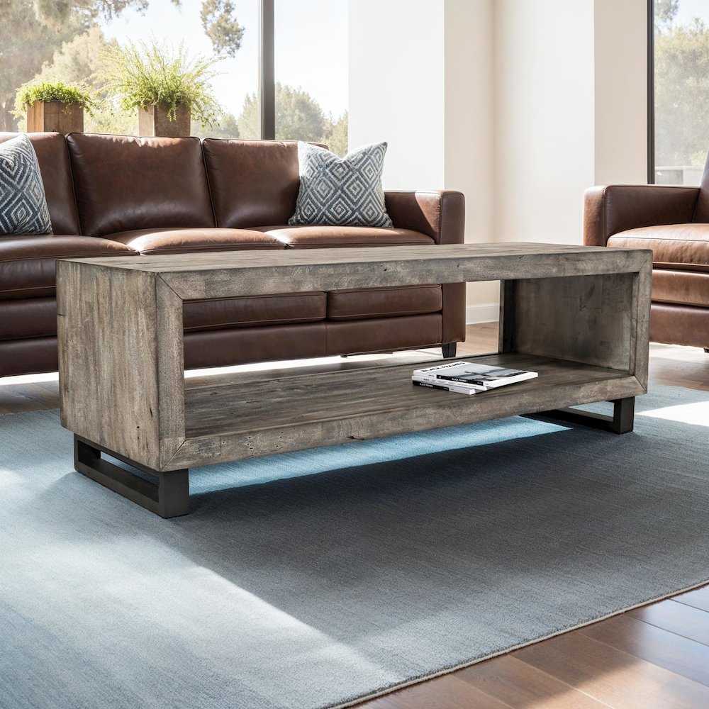 Mulholland Drive 56" Modern Distressed Solid Wood Coffee Table. Picture 7