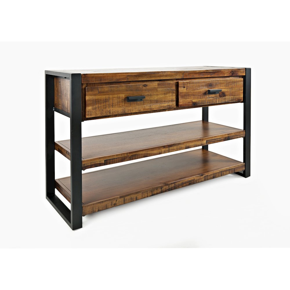 Loftworks Modern Industrial Distressed Acacia 50" Sofa Table with Drawers. Picture 3