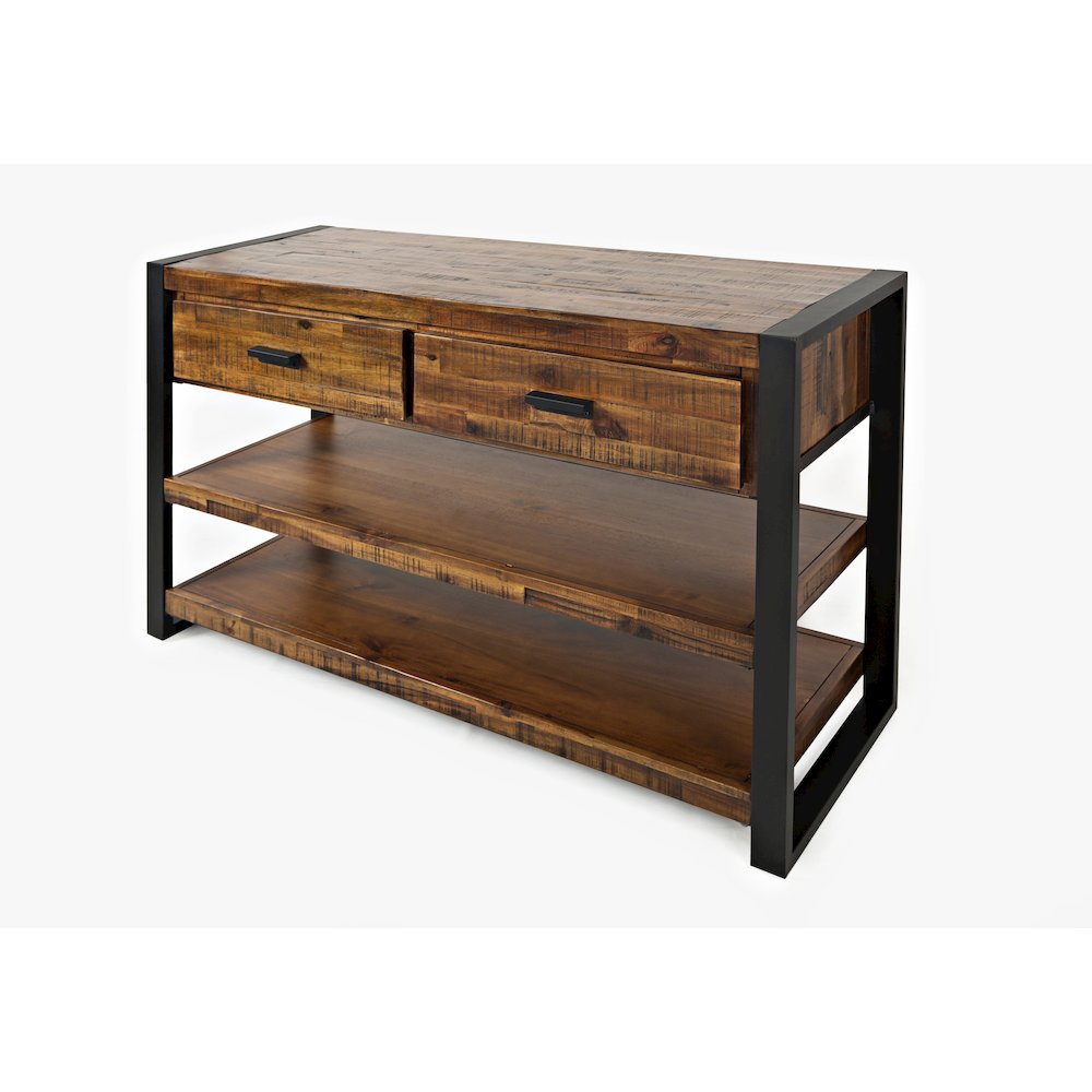 Loftworks Modern Industrial Distressed Acacia 50" Sofa Table with Drawers. Picture 2