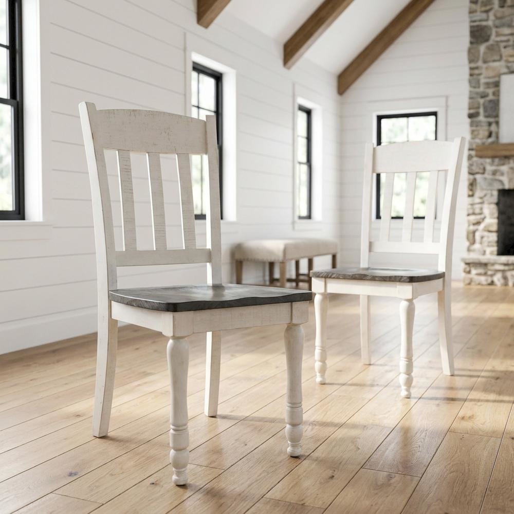 Pine Wood Rustic Slatback Farmhouse Dining Chairs, Vintage White, Set of 2. Picture 3