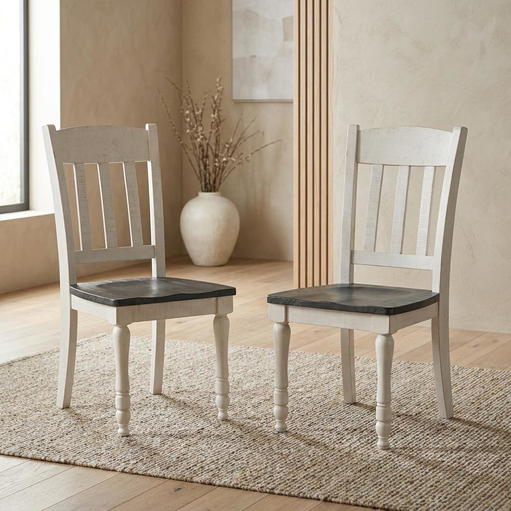 Pine Wood Rustic Slatback Farmhouse Dining Chairs, Vintage White, Set of 2. Picture 4