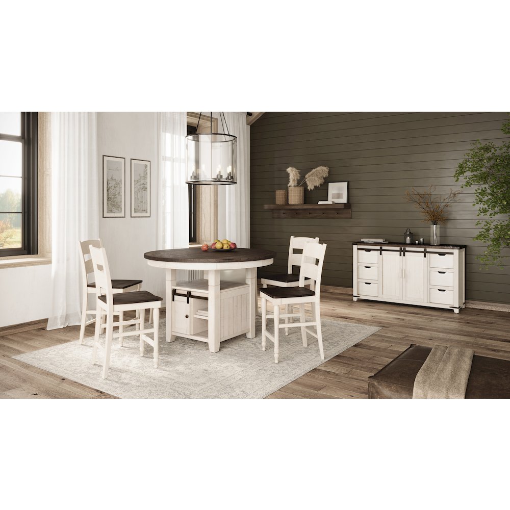 Rustic Farmhouse Five Piece Reclaimed Solid Wood Counter Height Round Dining Set. Picture 12