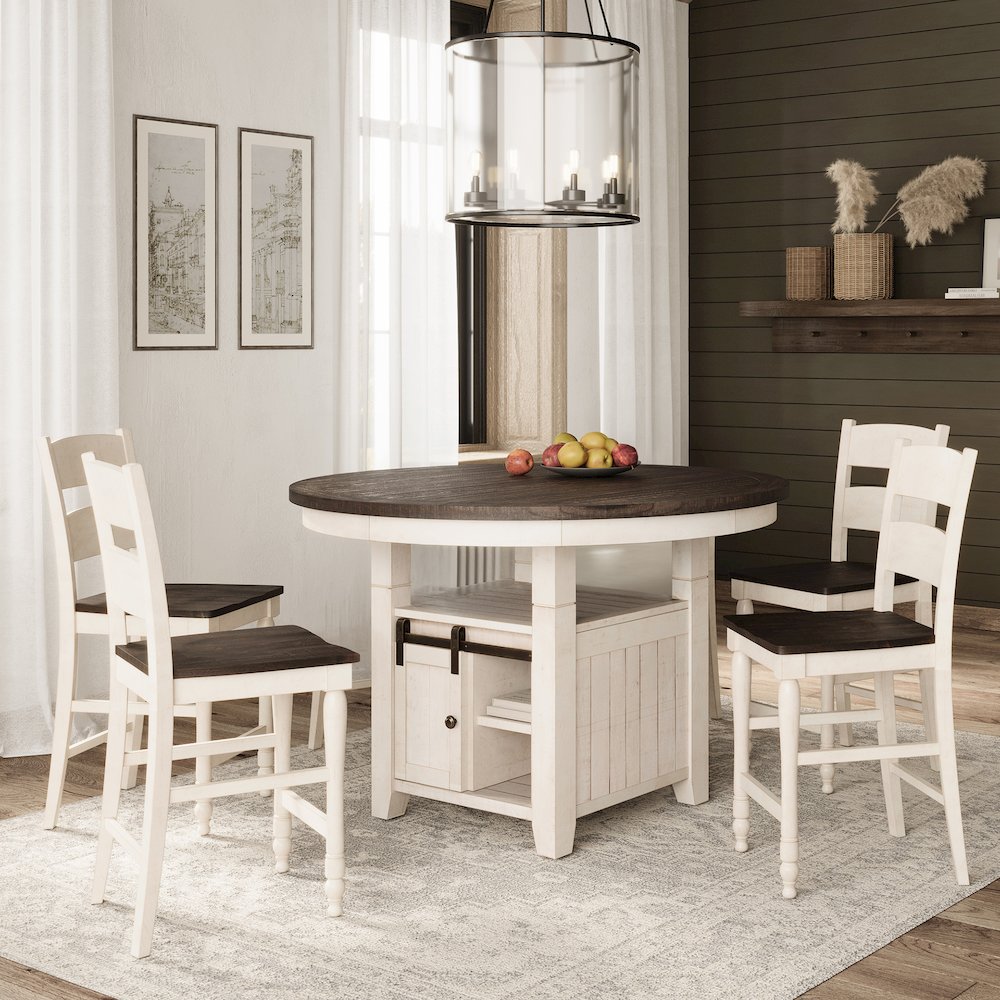 Rustic Farmhouse Five Piece Reclaimed Solid Wood Counter Height Round Dining Set. Picture 11
