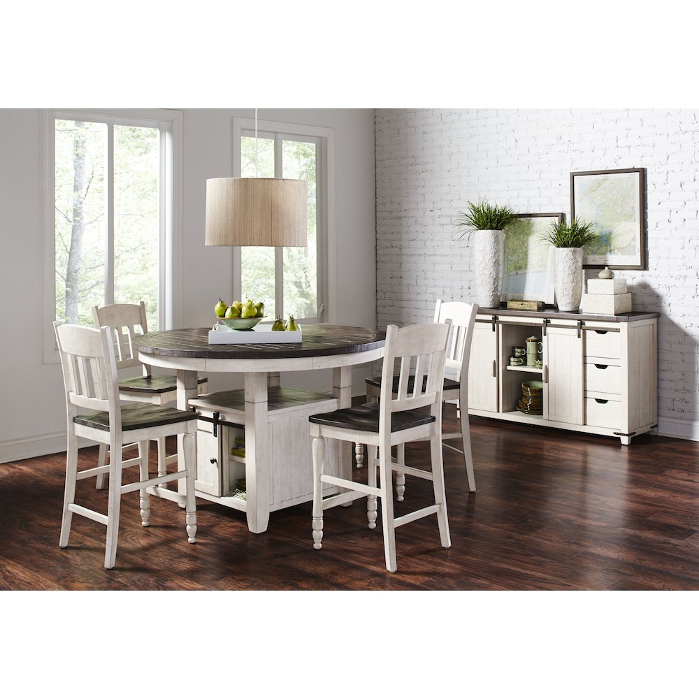 Rustic Farmhouse Five Piece Reclaimed Solid Wood Counter Height Round Dining Set. Picture 13