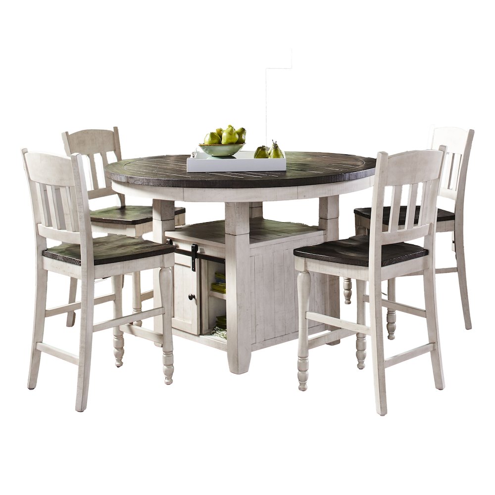Rustic Farmhouse Five Piece Reclaimed Solid Wood Counter Height Round Dining Set. Picture 1