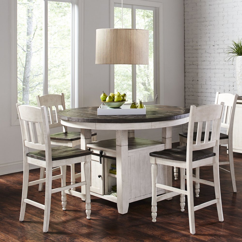 Rustic Farmhouse Five Piece Reclaimed Solid Wood Counter Height Round Dining Set. Picture 12