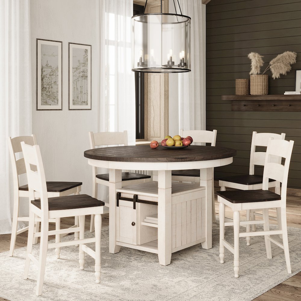 Farmhouse Seven Piece Reclaimed Solid Wood Counter Height Round Dining Set. Picture 2