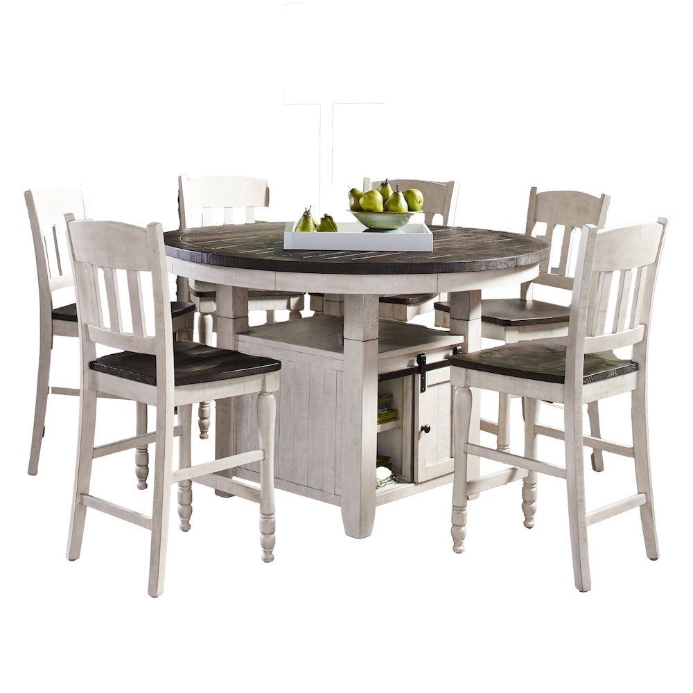 Farmhouse Seven Piece Reclaimed Solid Wood Counter Height Round Dining Set. Picture 3