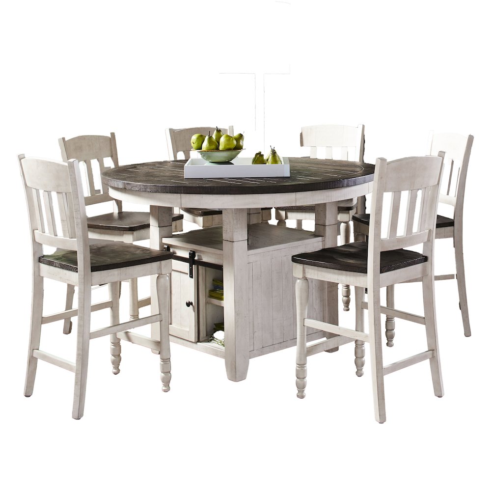Farmhouse Seven Piece Reclaimed Solid Wood Counter Height Round Dining Set. Picture 1