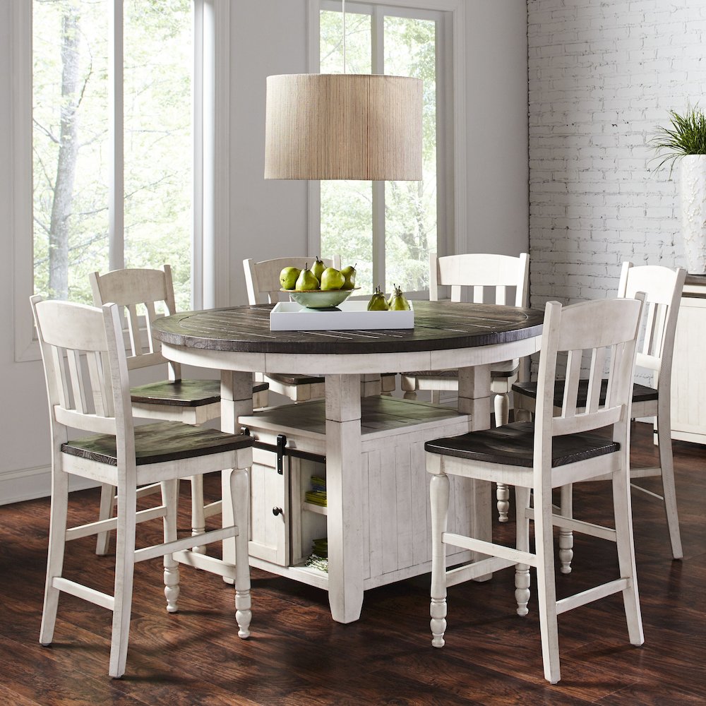 Farmhouse Seven Piece Reclaimed Solid Wood Counter Height Round Dining Set. Picture 2