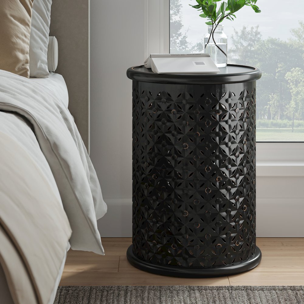 Decker Distressed Hardwood Global Drum End Table. Picture 2