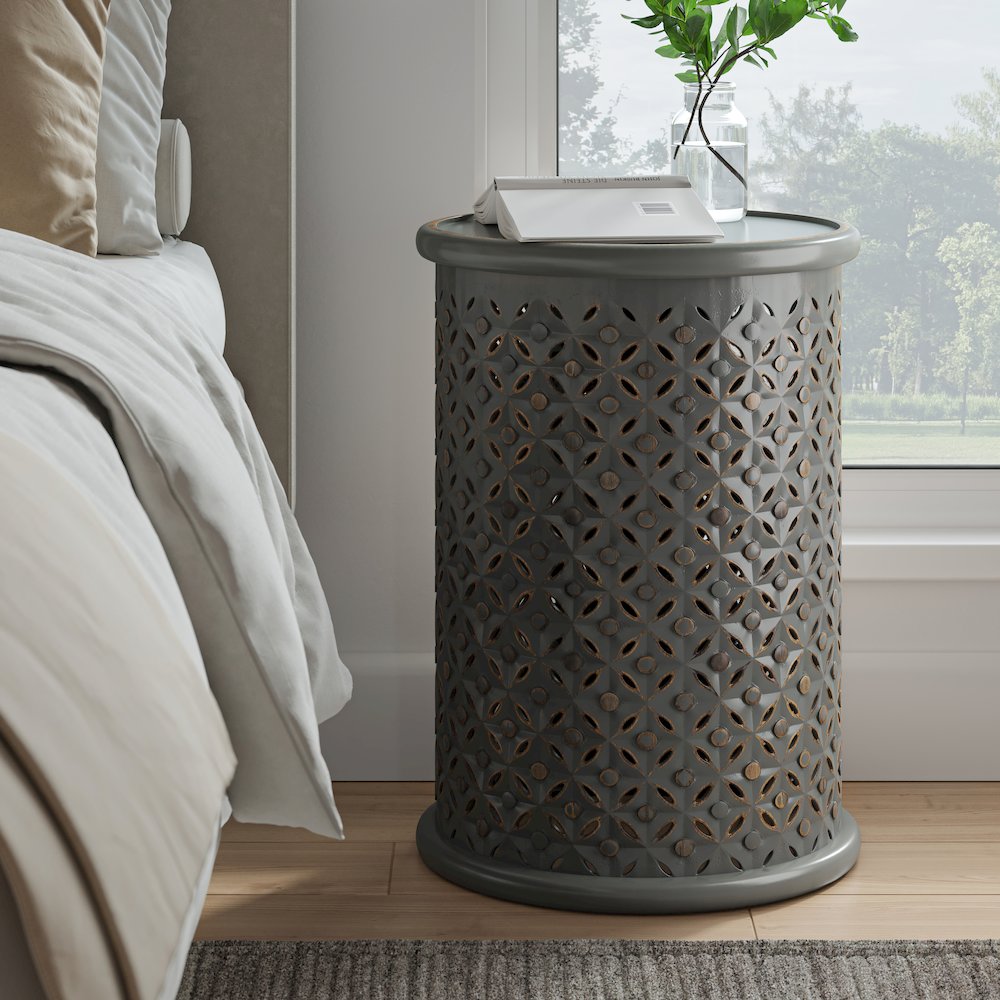 Decker Distressed Hardwood Global Drum End Table. Picture 7