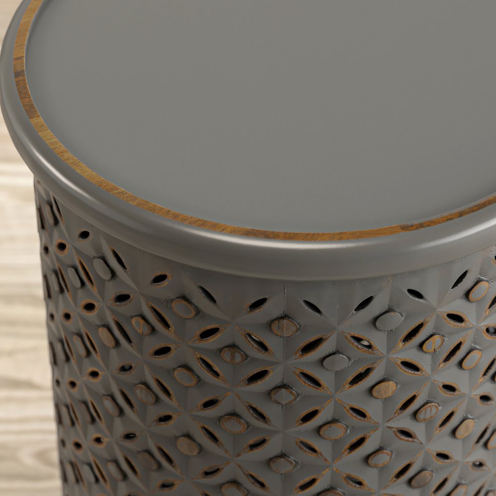 Decker Distressed Hardwood Global Drum End Table. Picture 2