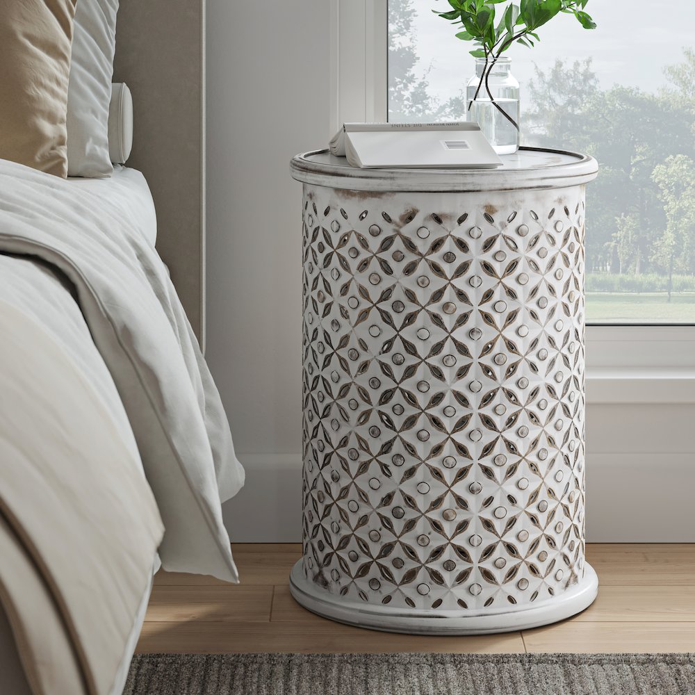 Decker Distressed Hardwood Global Drum End Table. Picture 7