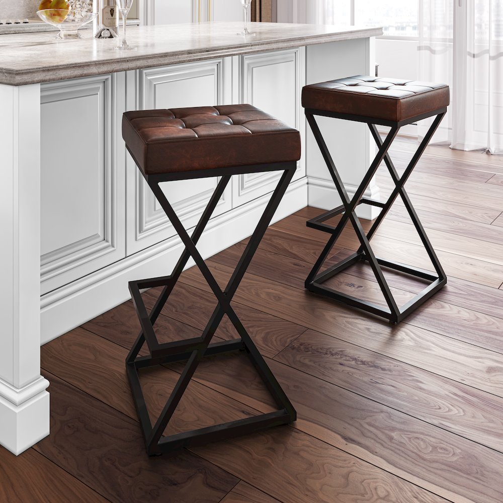 Brooks Distressed Modern Leather Backless Stool. Picture 2