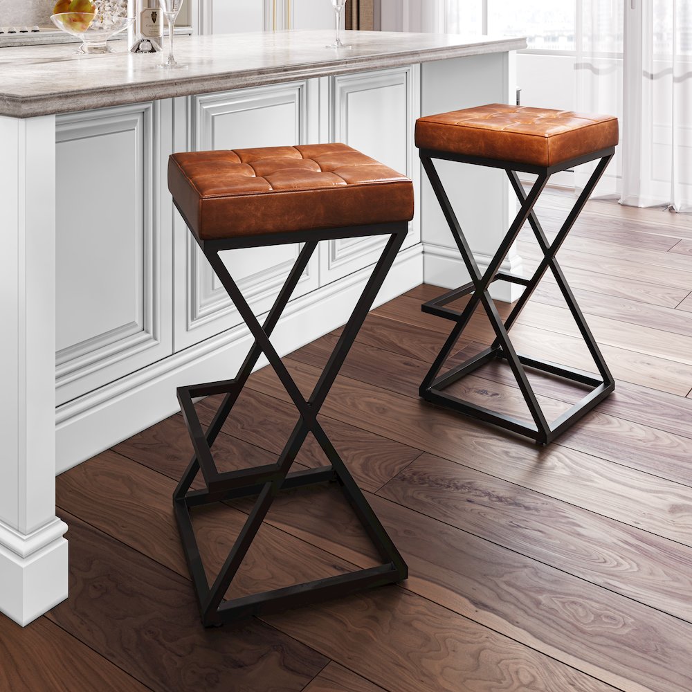 Brooks Distressed Modern Leather Backless Stool. Picture 2