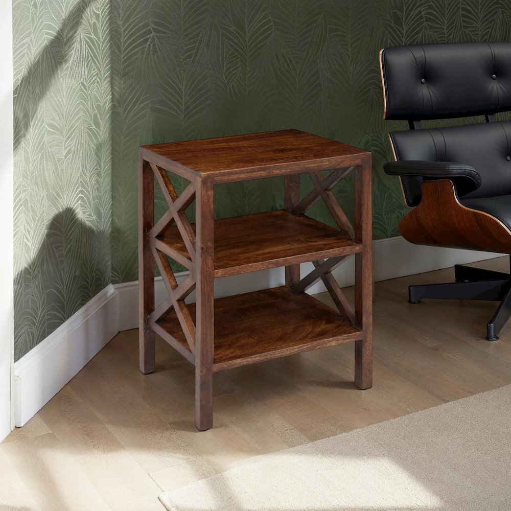 Global Archive Solid Wood Rustic Modern X-Side Accent Table with Two Shelves. Picture 5
