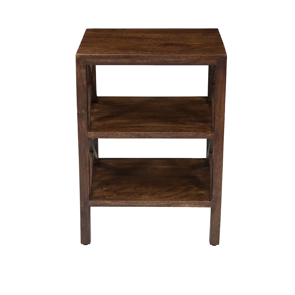 Global Archive Solid Wood Rustic Modern X-Side Accent Table with Two Shelves. Picture 1