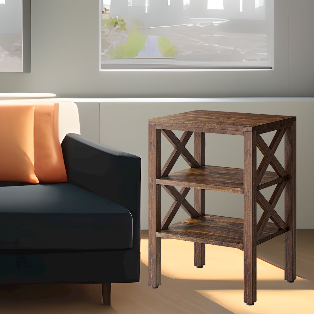 Global Archive Solid Wood Rustic Modern X-Side Accent Table with Two Shelves. Picture 2
