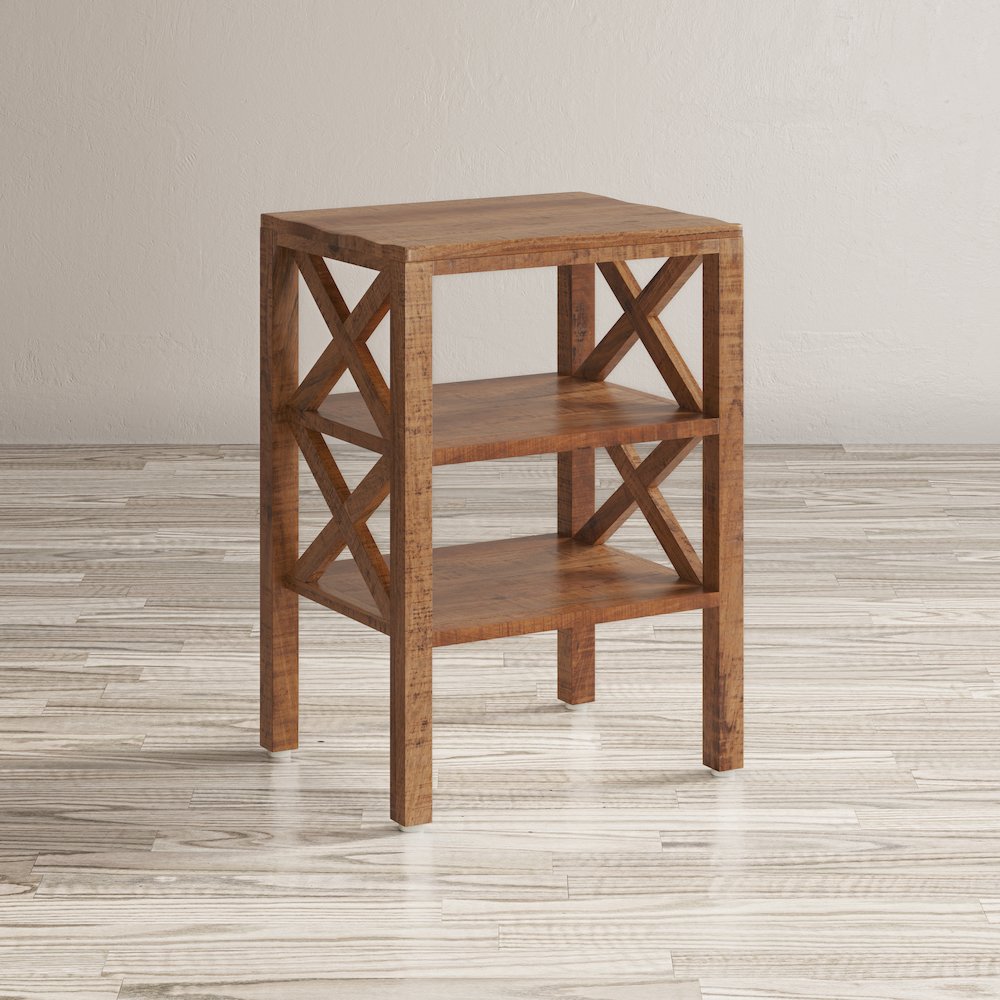 Global Archive Solid Wood Rustic Modern X-Side Accent Bookcase with Two Shelves. Picture 10