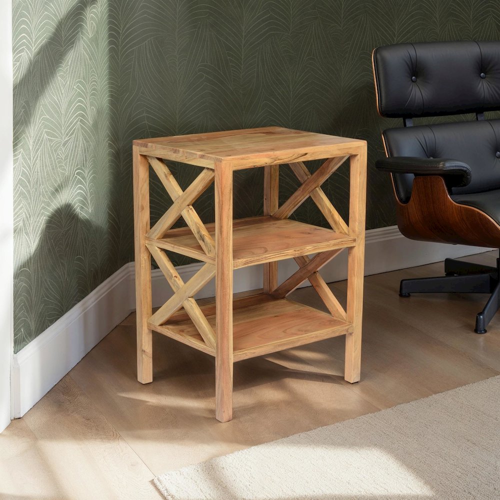 Global Archive Solid Wood Rustic Modern X-Side Accent Bookcase with Two Shelves. Picture 6