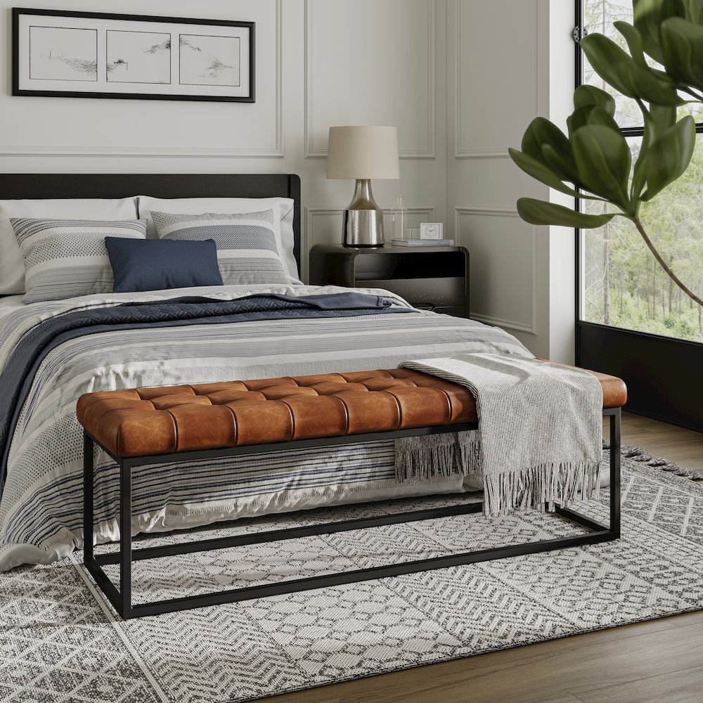 Global Archive 55" Genuine Distressed Leather Ottoman Bench. Picture 9