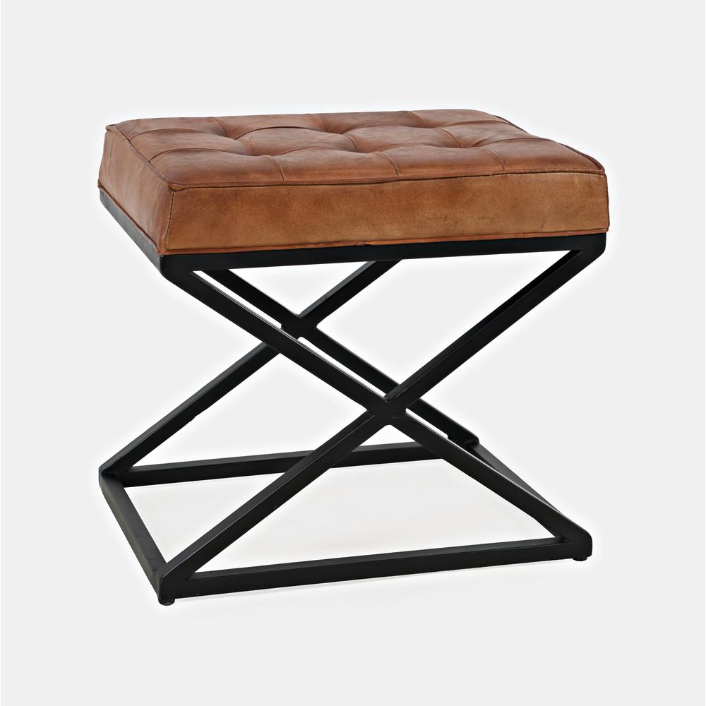 Distressed Brown Genuine Leather Ottoman Stool with Metal and MDF Base. Picture 3