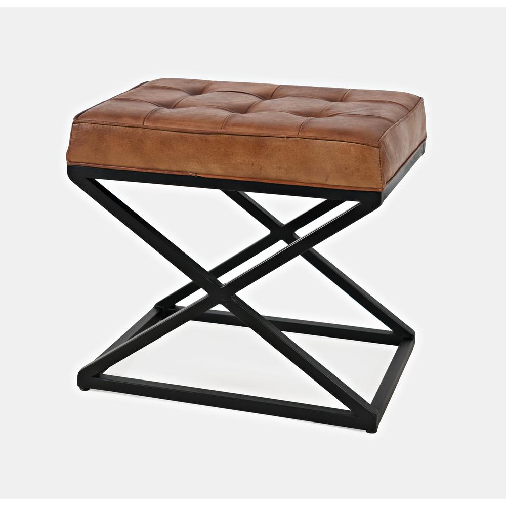 Distressed Brown Genuine Leather Ottoman Stool with Metal and MDF Base. Picture 4